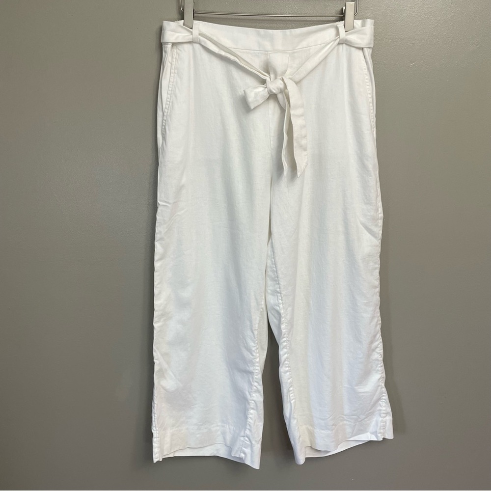 Banana Republic Rowan Wide Leg Cropped Pants White High Rise Pockets 12 Linen